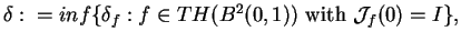 $\delta:=inf\{\delta_{f}:f\in TH({B}^{2}(0,1))\mbox{ with }\mathcal{J}_{f}(0)=I\},$