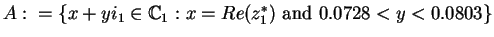 $A:=\{x+yi_1\in\mathbb {C}_{1} :x=Re(z_{1}^{*})\mbox{ and } 0.0728<y<0.0803\}$
